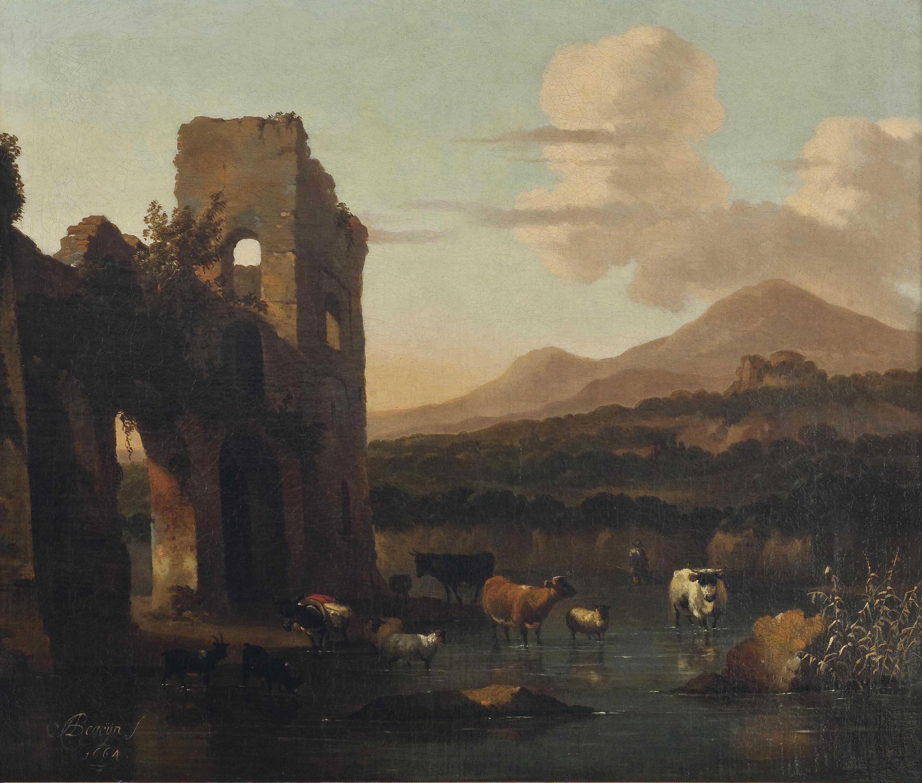 Abraham Jansz. Begeyn - An Italianate Landscape With Cattle Fording A Stream By A Ruin