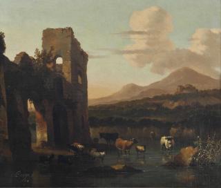 Abraham Jansz. Begeyn - An Italianate Landscape With Cattle Fording A Stream By A Ruin
