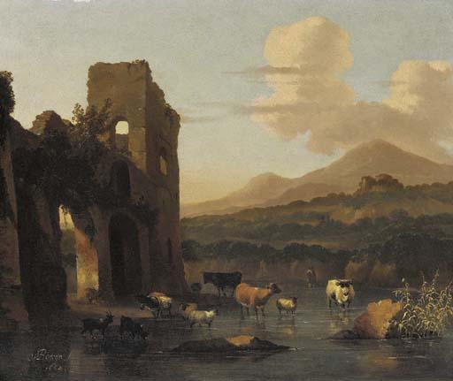 Abraham Jansz. Begeyn - An Italianate landscape with cattle fording a stream by a ruin