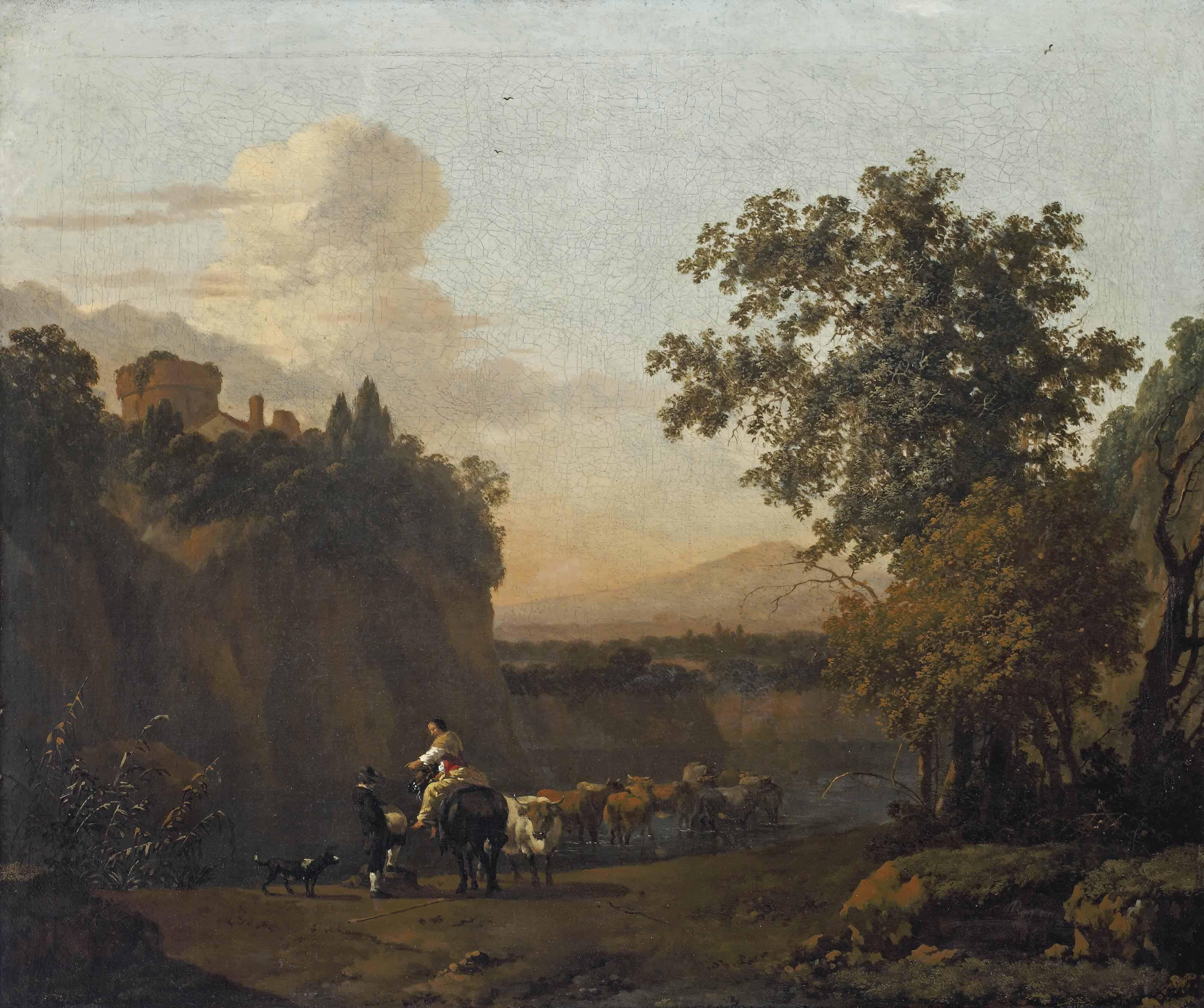 Abraham Jansz. Begeyn - An Italianate Landscape With Figures Conversing And Watering Their Cattle At A Mountainside