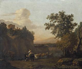 Abraham Jansz. Begeyn - An Italianate Landscape With Figures Conversing And Watering Their Cattle At A Mountainside