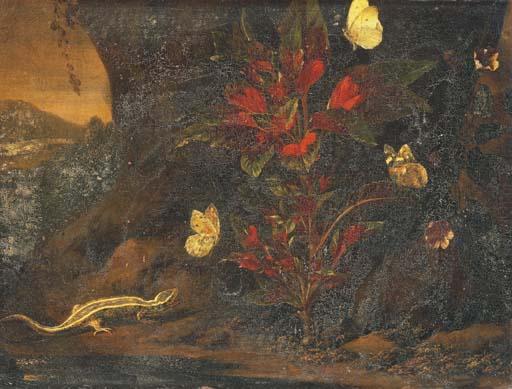 Abraham-Jansz Begeyn - Lézard et papillons au pied d\'un arbre