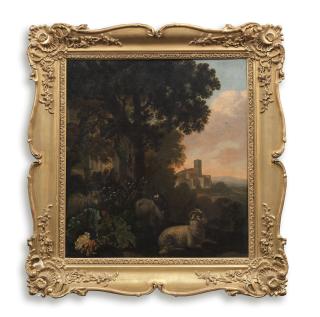 Abraham Jansz. Begeyn - Sheep and goats resting in a wooded landscape, a town beyond