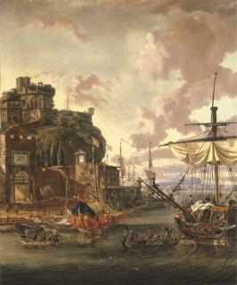 Abraham Jansz. Storck - A capriccio of a Mediterranean port with with men-o\'-war and figures in rowing boats