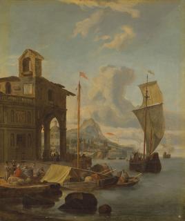 Abraham Jansz. Storck - A Mediterranean harbour with figures loading cargo, a mountain beyond