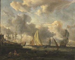 Abraham Jansz Storck - A seascape with a Dutch shipping yard near a port