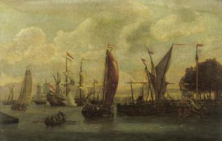 Abraham Jansz. Storck - A view of the IJ, Amsterdam with a threemaster firing a salute and a State-yacht moored by a jetty