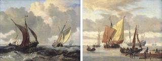 Abraham Jansz. Storck - A waterschip, a boeier and a galjoot in a stiff breeze, a cargo ship beyond; and A wijdschip, a weyschuit and a wherry off a sandbank in a calm, a frigate beyond