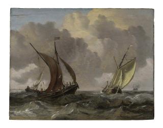 Abraham Jansz. Storck - A waterschip, a boeier and a galjoot in a stiff breeze, a cargo ship beyond