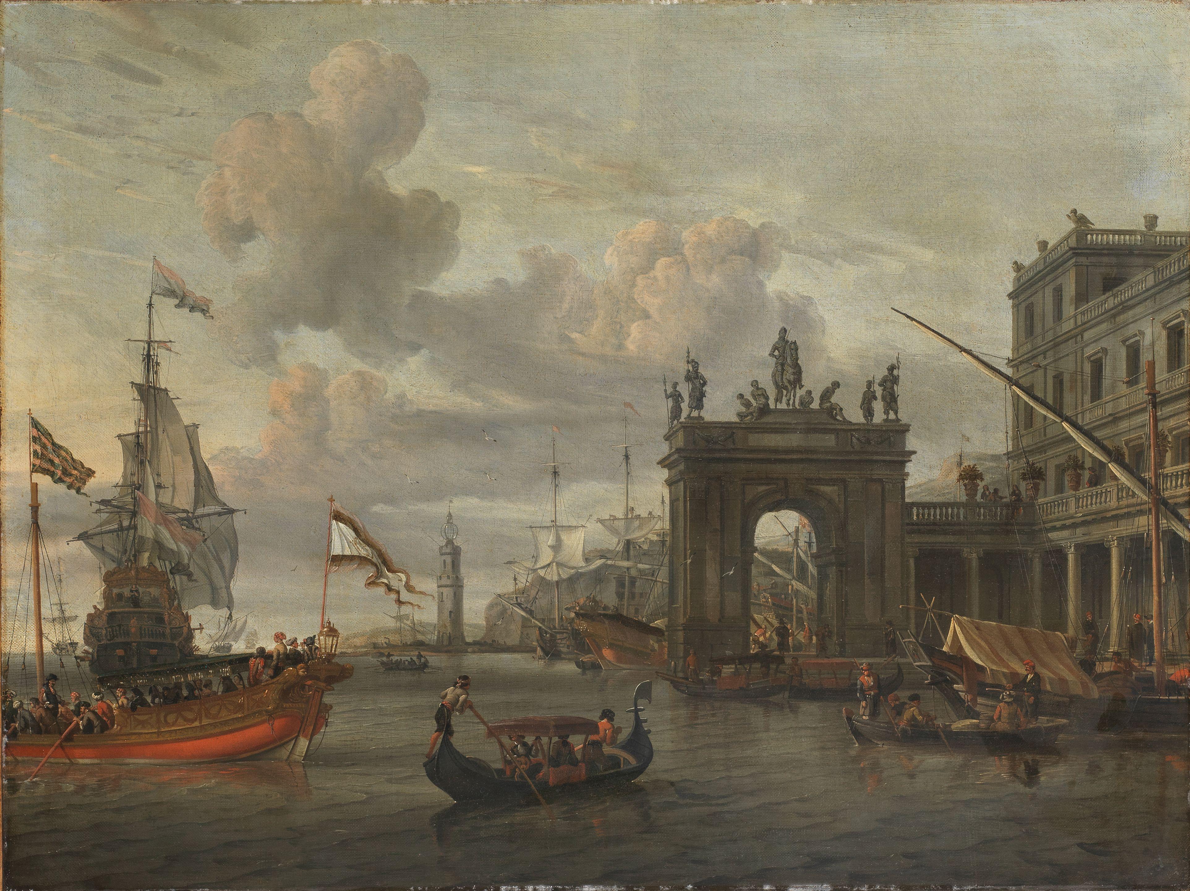 Abraham Jansz. Storck - An Italianate port with a triumphal arch near a colonnaded building, figures in a gondola in the foreground