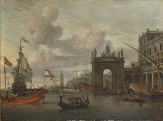 Abraham Jansz. Storck - An Italianate port with a triumphal arch near a colonnaded building, figures in a gondola in the foreground
