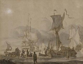 Abraham Jansz. Storck - Figures loading a lighter on a beach, a fleet at anchor beyond; and Wherries moving among small sailing vessels in an estuary