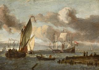 Abraham Jansz Storck - Pendants: Segel- und Ruderboote vor einer holländischen Küste.
