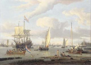 Abraham Jansz. Storck - The IJ, Amsterdam, with numerous sailing vessels and bathers in the foreground
