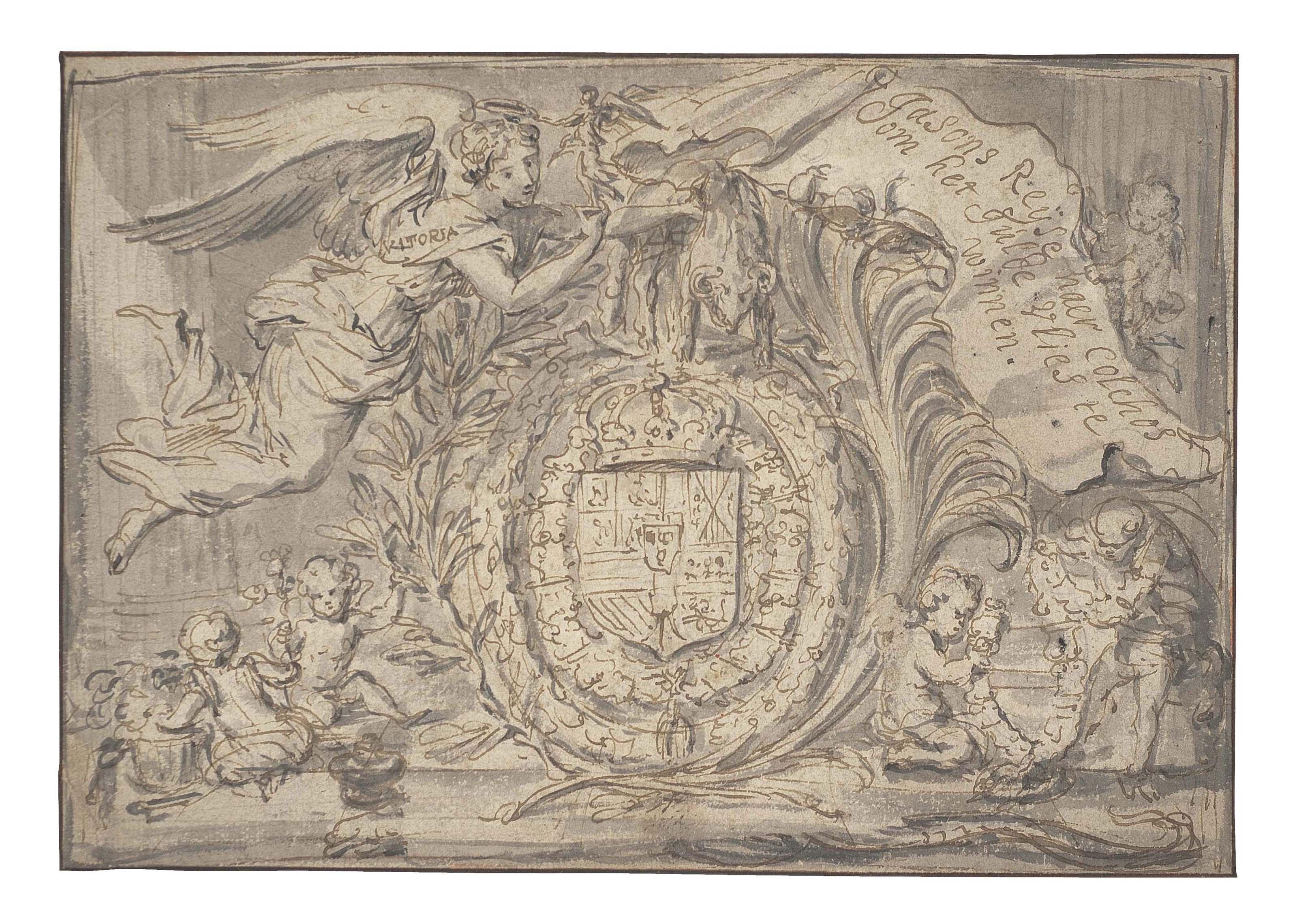 Abraham Jansz. van Diepenbeeck - Design for a frontispiece glorifying the coat of arms of King Philip II of Spain (recto); An allegorical scene with an angel and two bathers (verso)
