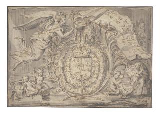 Abraham Jansz. van Diepenbeeck - Design for a frontispiece glorifying the coat of arms of King Philip II of Spain (recto); An allegorical scene with an angel and two bathers (verso)