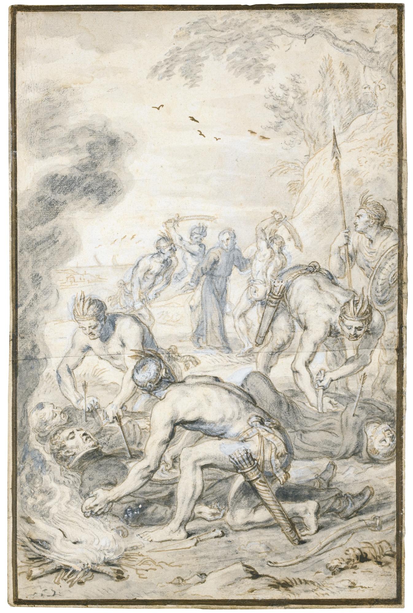 Abraham Jansz. Van Diepenbeeck - The Killing Of The Jesuits Bernardus Reus And Michael Verrea And The Augustins Laurentius Ybanez And Bartholomew Alvarez By Indians In Peru