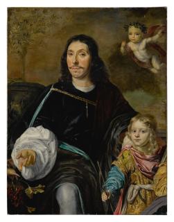 Abraham Lambertsz. Van Den Tempel - Portrait of a gentleman and a young boy, both three-quarter length, with a putto