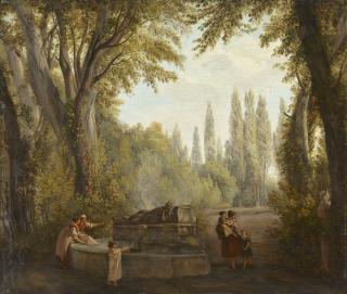 Abraham-Louis-Rodolphe Ducros - A park landscape with women and children beside a fountain