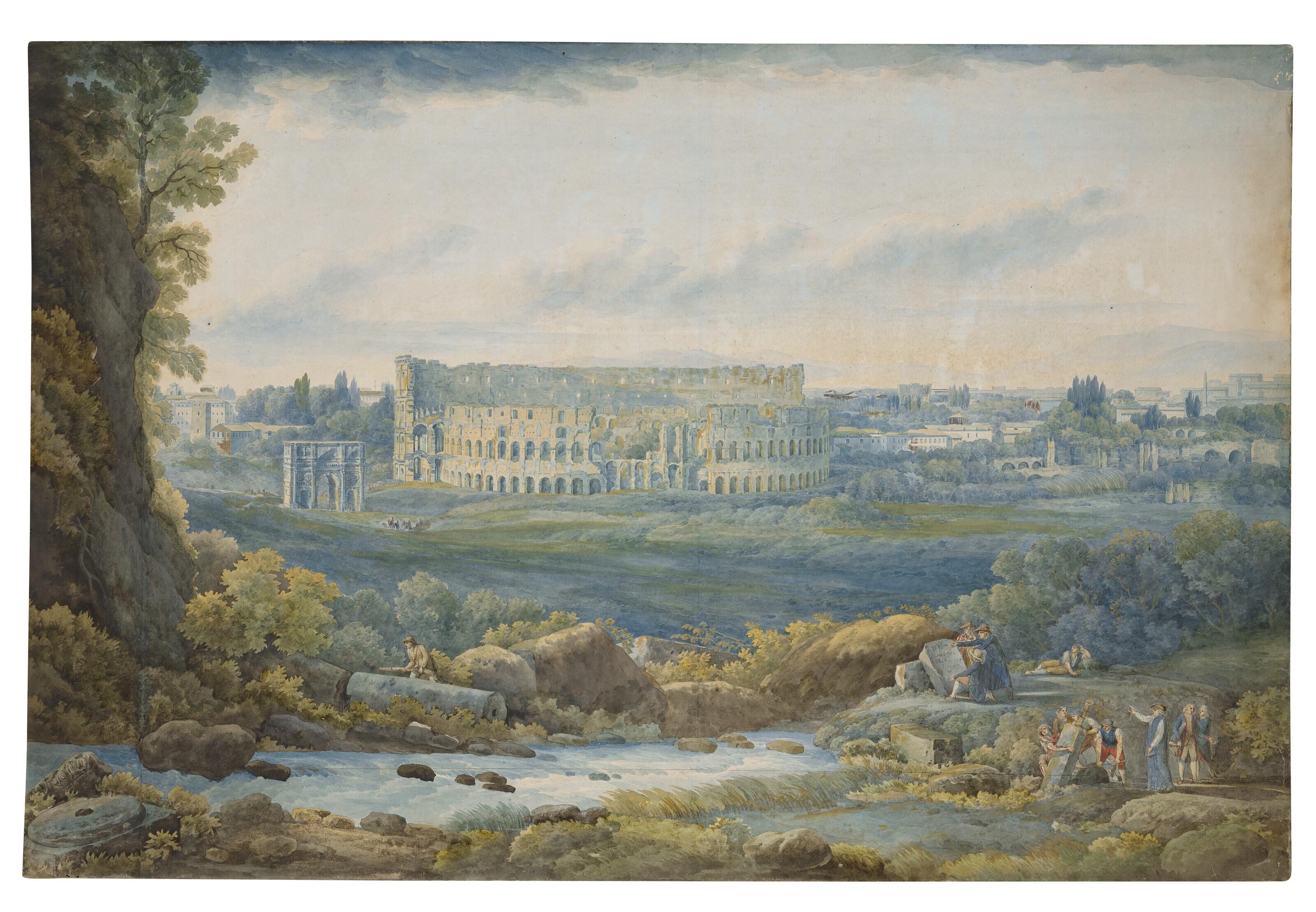 Abraham-Louis-Rodolphe Ducros - An extensive view of the Colosseum and the Arch of Constantine, with figures in the foreground