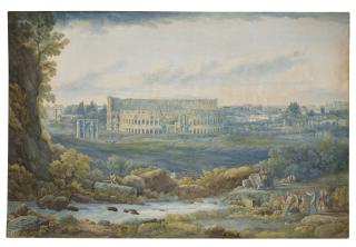 Abraham-Louis-Rodolphe Ducros - An extensive view of the Colosseum and the Arch of Constantine, with figures in the foreground