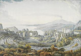Abraham-Louis-Rodolphe Ducros - An extensive view of the Greek theatre, Taormina, seen from the top, with travelers