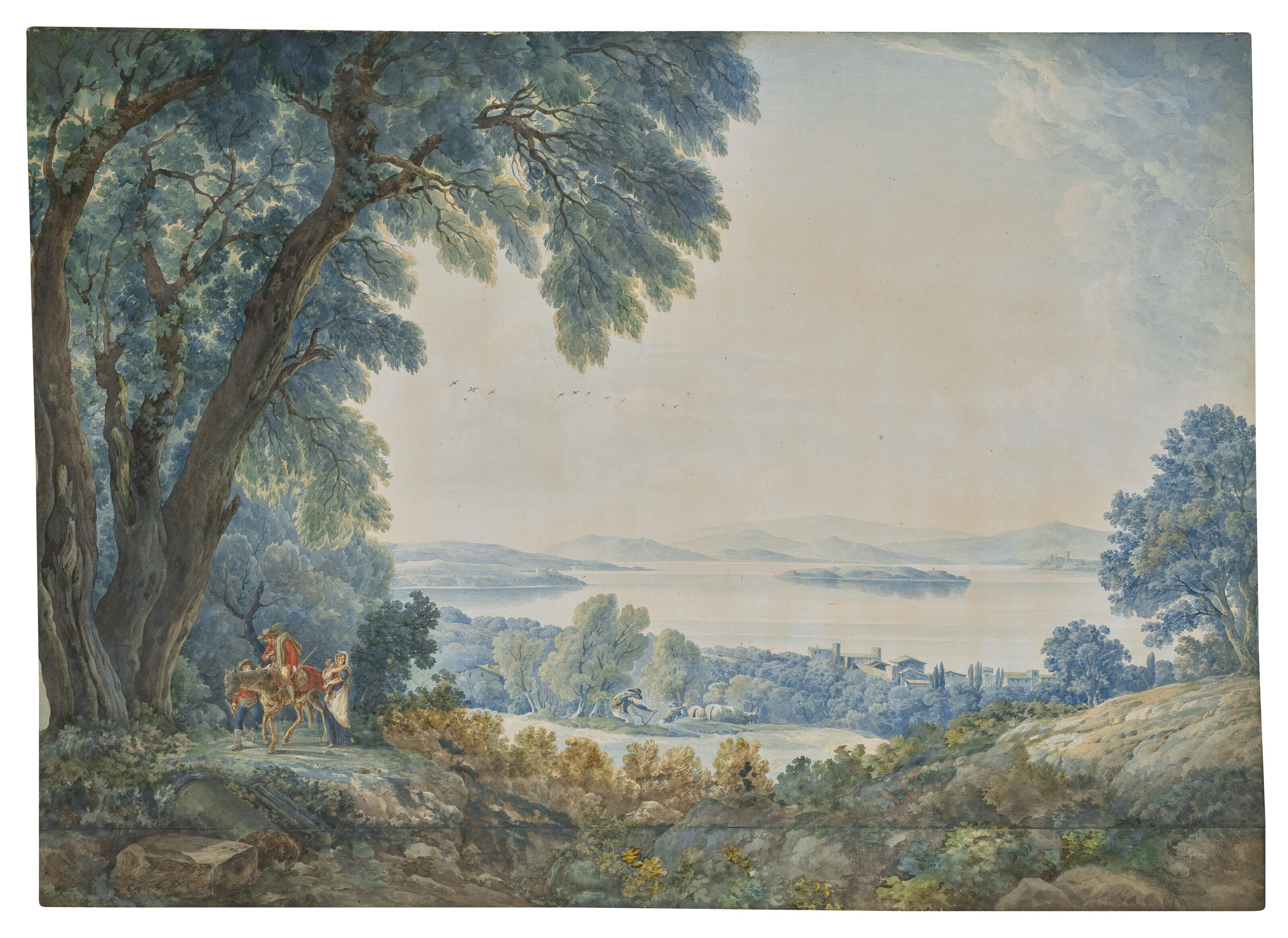 Abraham-Louis-Rodolphe Ducros - An extensive view with a lake outside Rome (possibly Lake Bolsena), with figures