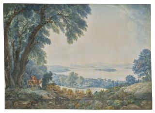 Abraham-Louis-Rodolphe Ducros - An extensive view with a lake outside Rome (possibly Lake Bolsena), with figures