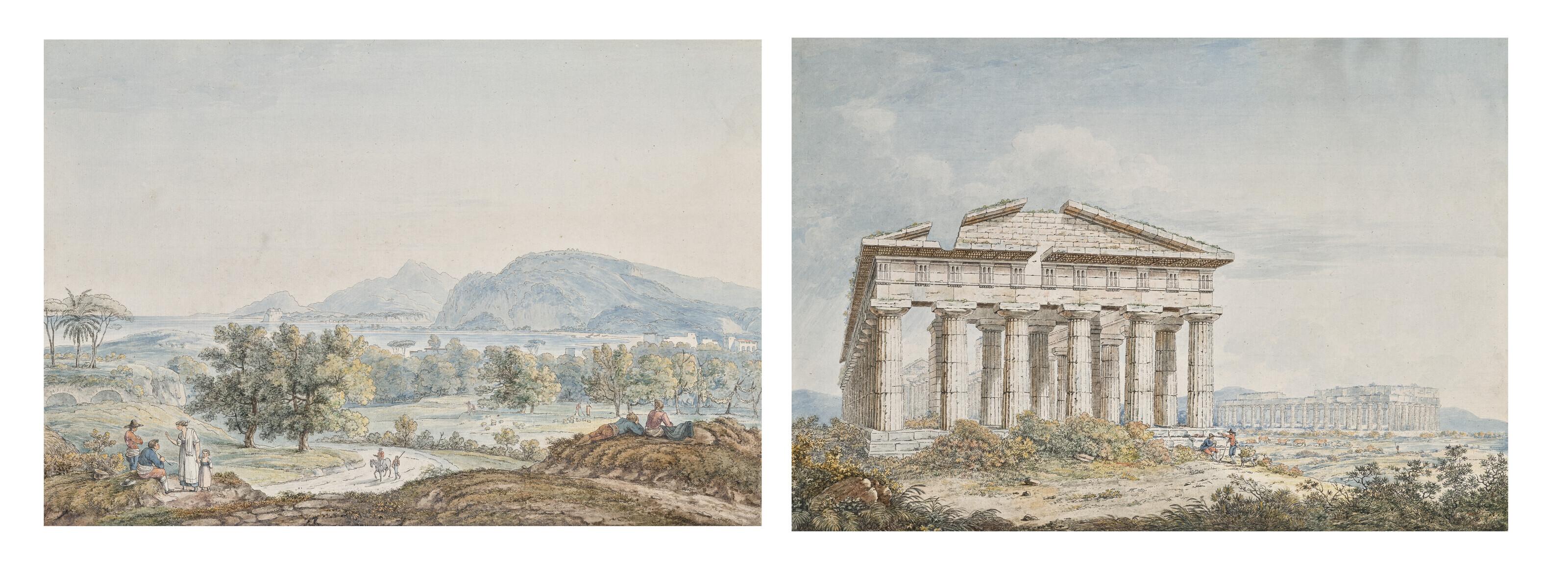 Abraham-Louis-Rodolphe Ducros - Temple De Poséidon À Paestum ; Et Baie De Naples