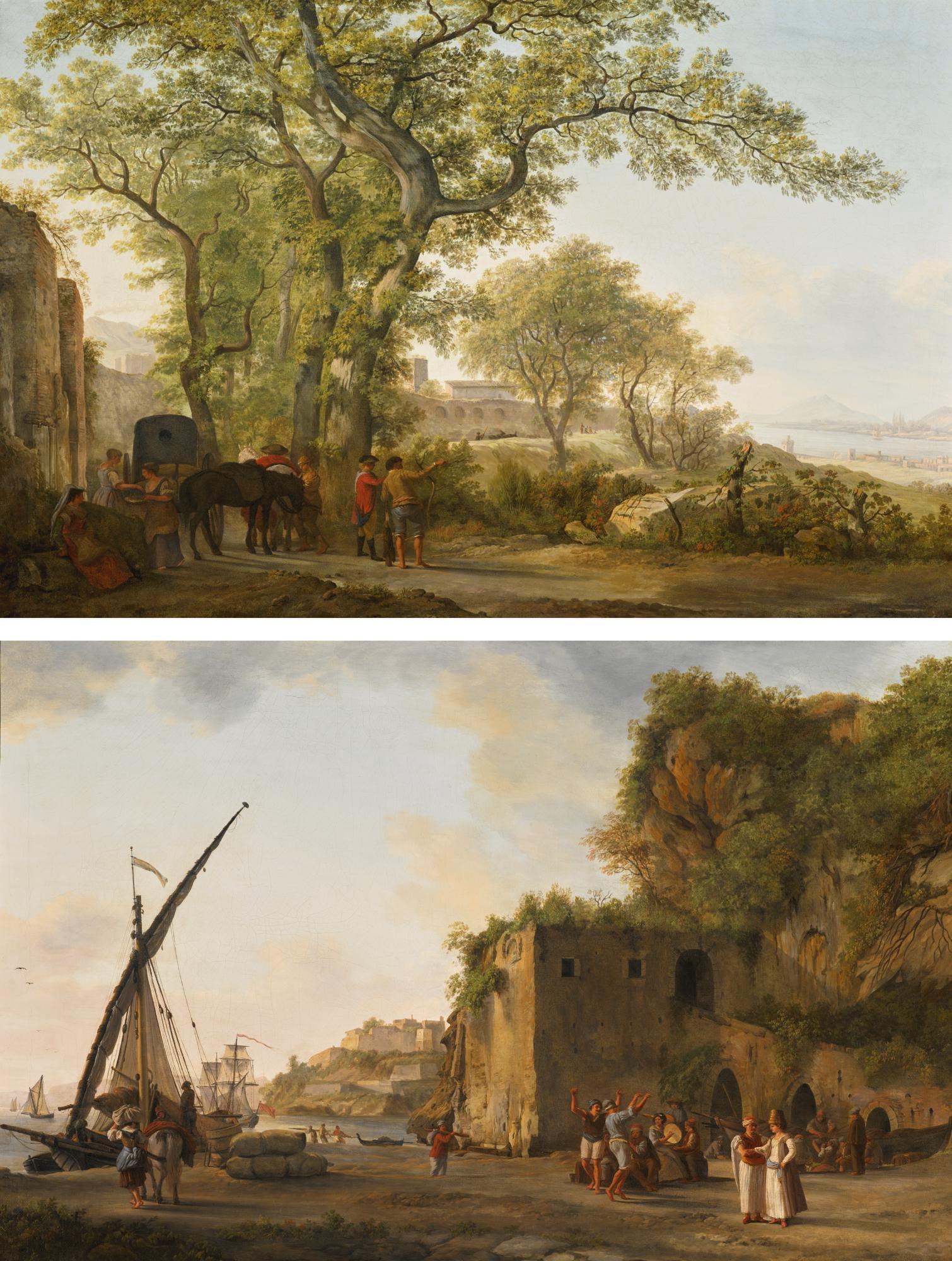 Abraham-Louis-Rodolphe Ducros - The Via Appia Near Formia, With Travellers And Peasants By The Walls Of Castellone(?), The Bay Of Gaeta And Mount Circeo Beyond; And A Port With Maltese Merchants And Sailors, The Fort Of Gaeta Beyond