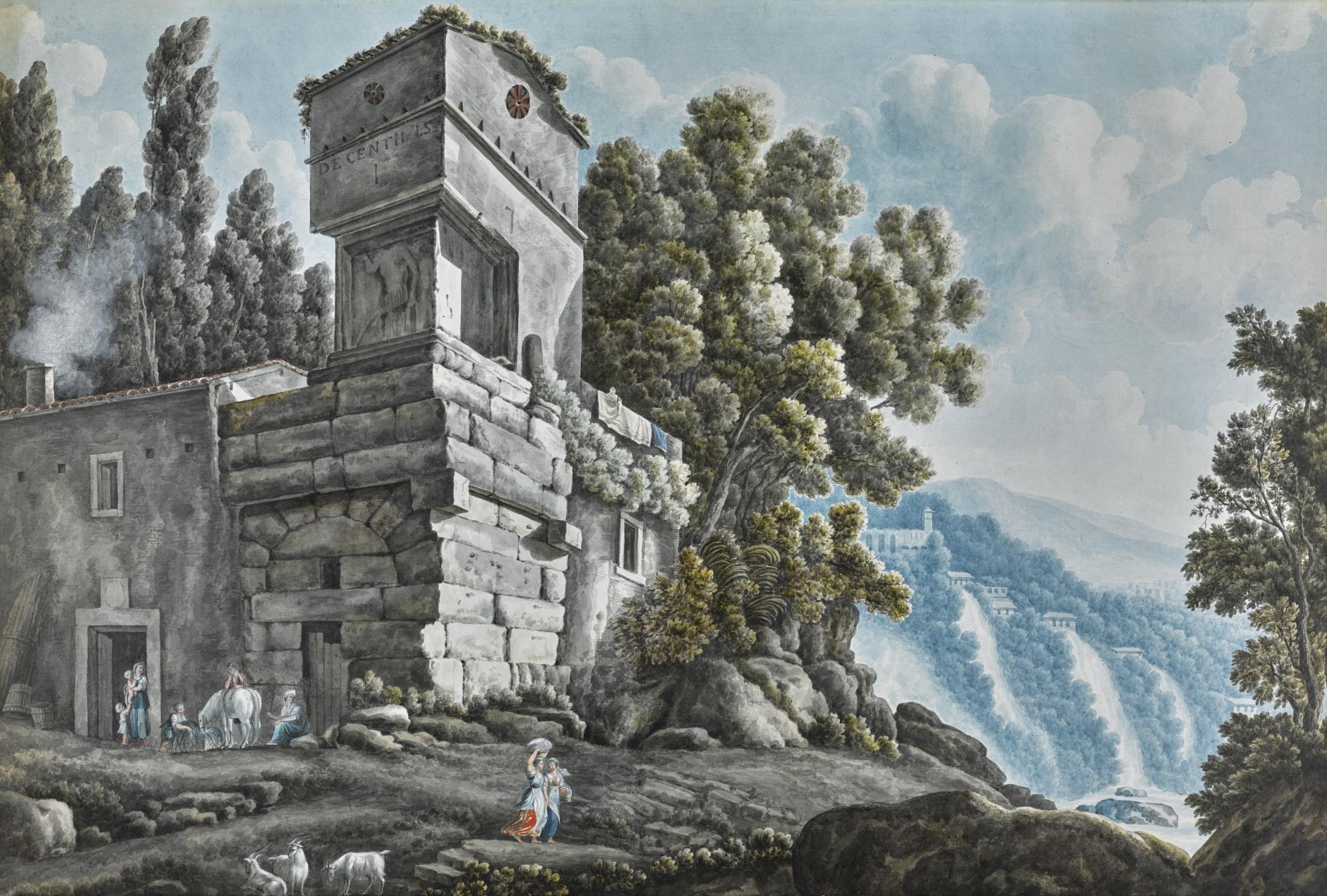 Abraham-Louis-Rodolphe Ducros - View Of A Villa Beside The Cascades At Tivoli, With Figures Below