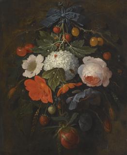 Abraham Mignon - A Festoon Of Flowers And Fruit, Including A Pink Rose, A Poppy, A Snowball, Gooseberries And Fraises De Bois, Along With A Variety Of Insects