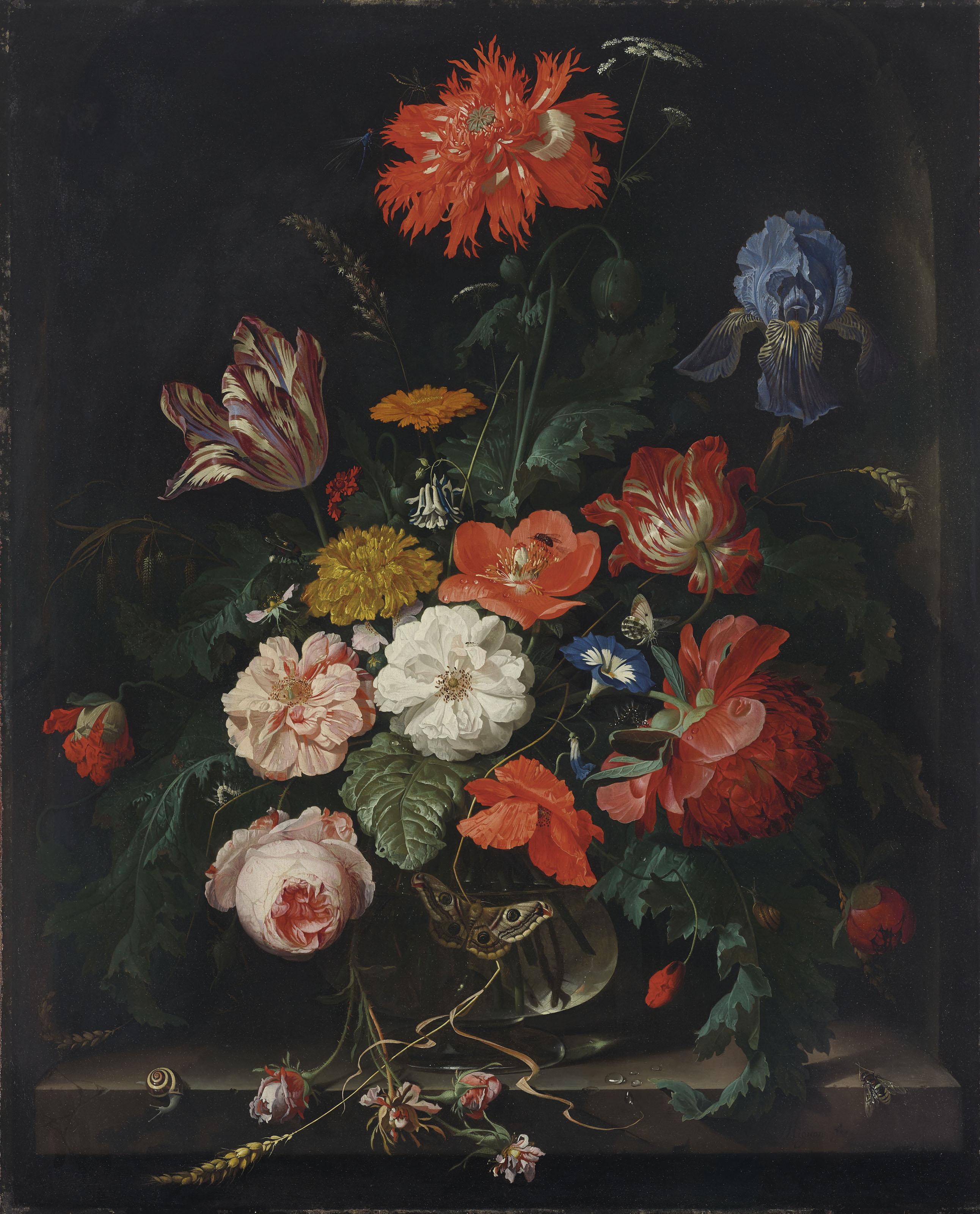 Abraham Mignon - A Fringed Red Poppy, A Tulip, An Iris, Roses, Poppies And Other Flowers With Insects In A Glass Vase On A Stone Ledge