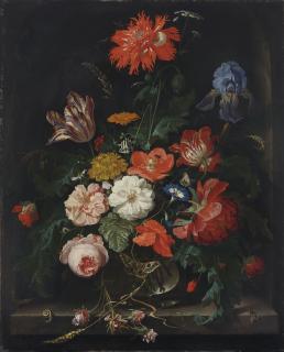 Abraham Mignon - A Fringed Red Poppy, A Tulip, An Iris, Roses, Poppies And Other Flowers With Insects In A Glass Vase On A Stone Ledge