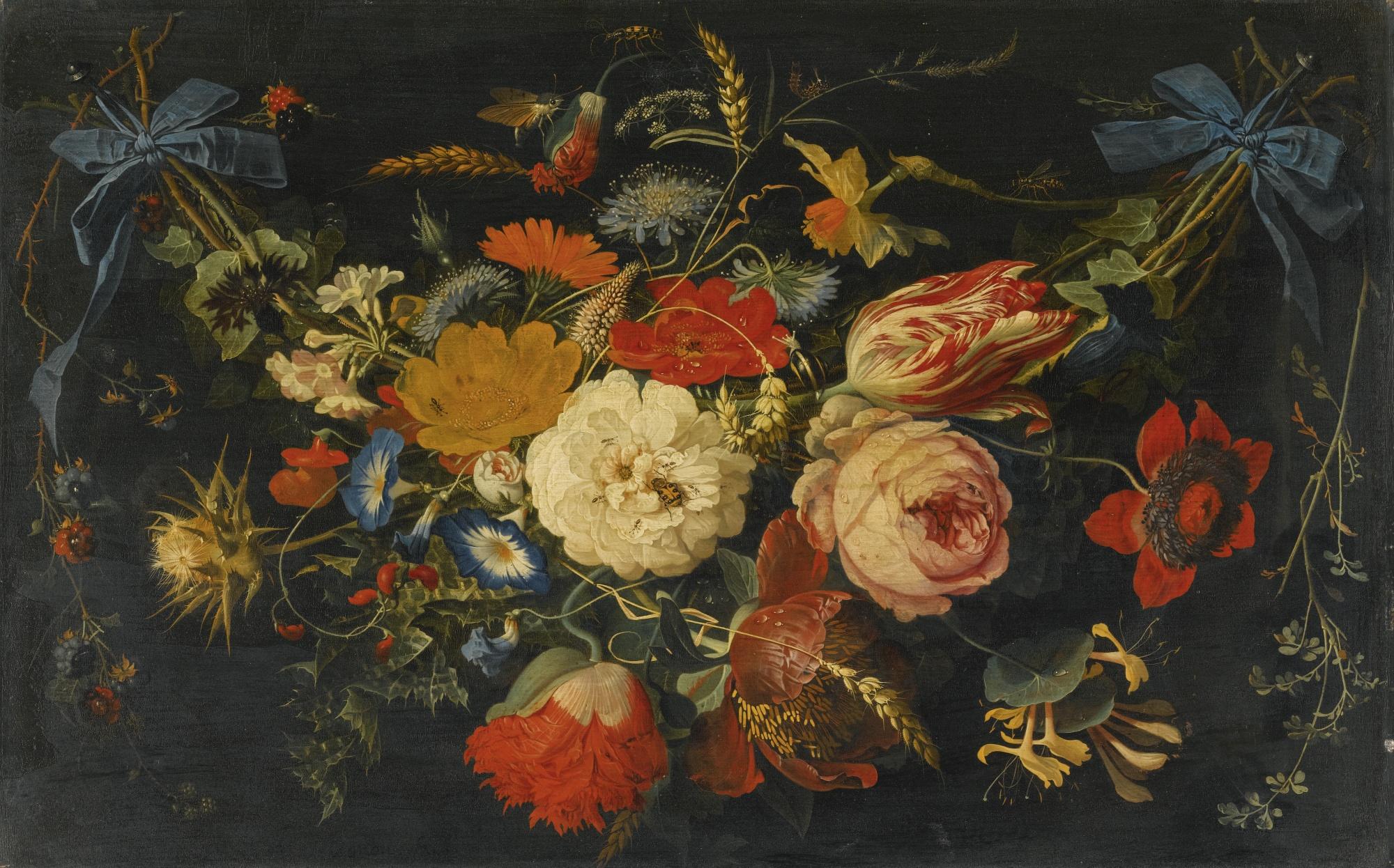 Abraham Mignon - A Hanging Garland Of Flowers And Fruit, Including Roses, Tulips And Raspberries, Along With A Variety Of Insects
