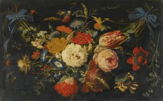 Abraham Mignon - A Hanging Garland Of Flowers And Fruit, Including Roses, Tulips And Raspberries, Along With A Variety Of Insects