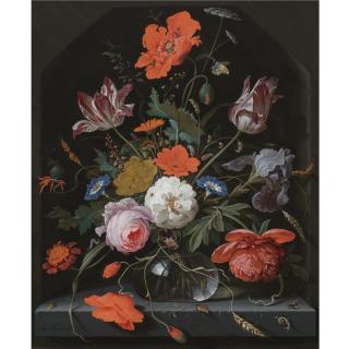 Abraham Mignon - A Still Life With Peonies, Roses, Parrot Tulips, Morning Glory, An Iris And Poppies In A Glass Vase Set Within A Stone Niche And Caterpillars, A Snail, A Bee And A Cockchafer On The Ledge Below