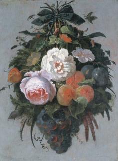 Abraham Mignon - A swag of fruit and flowers hanging from a nail