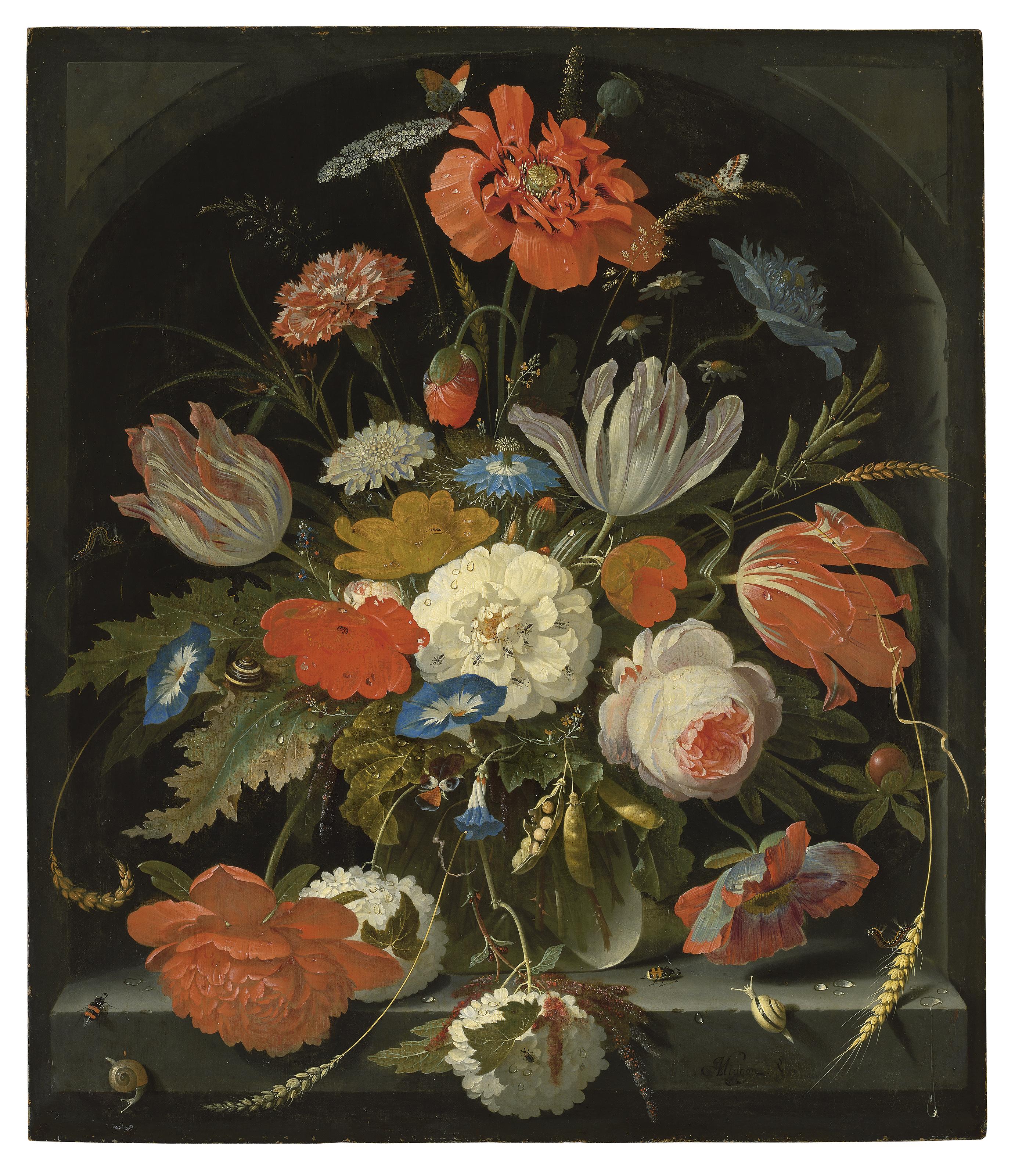 Abraham Mignon - Flowers in a glass vase, with snails and insects, in a niche