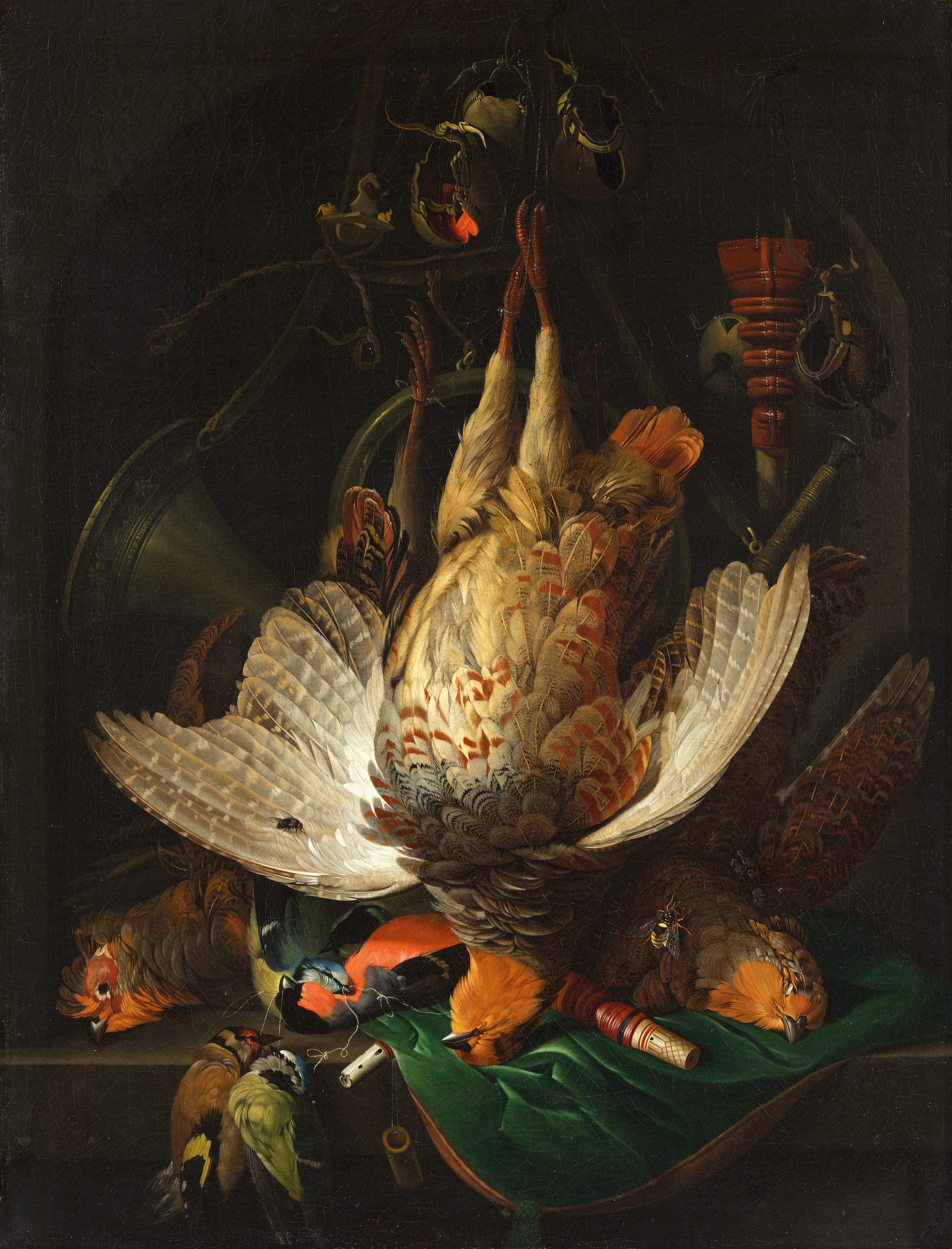 Abraham Mignon - Jagdstillleben mit einem Feldhuhn, Fasan, Distelfink, weiteren Vögeln und Jagdutensilien