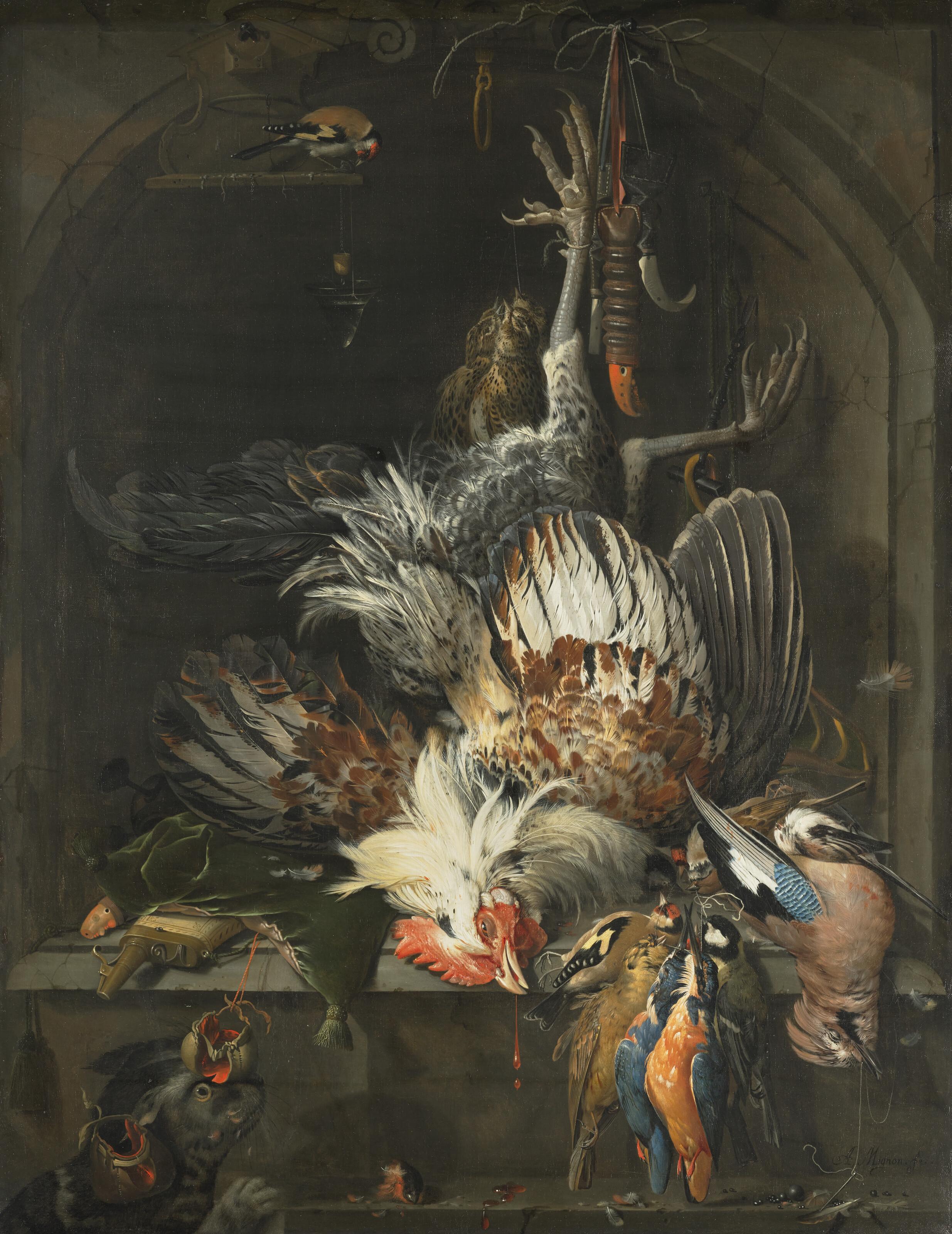 Abraham Mignon - Nature morte au coq et au butin de chasse