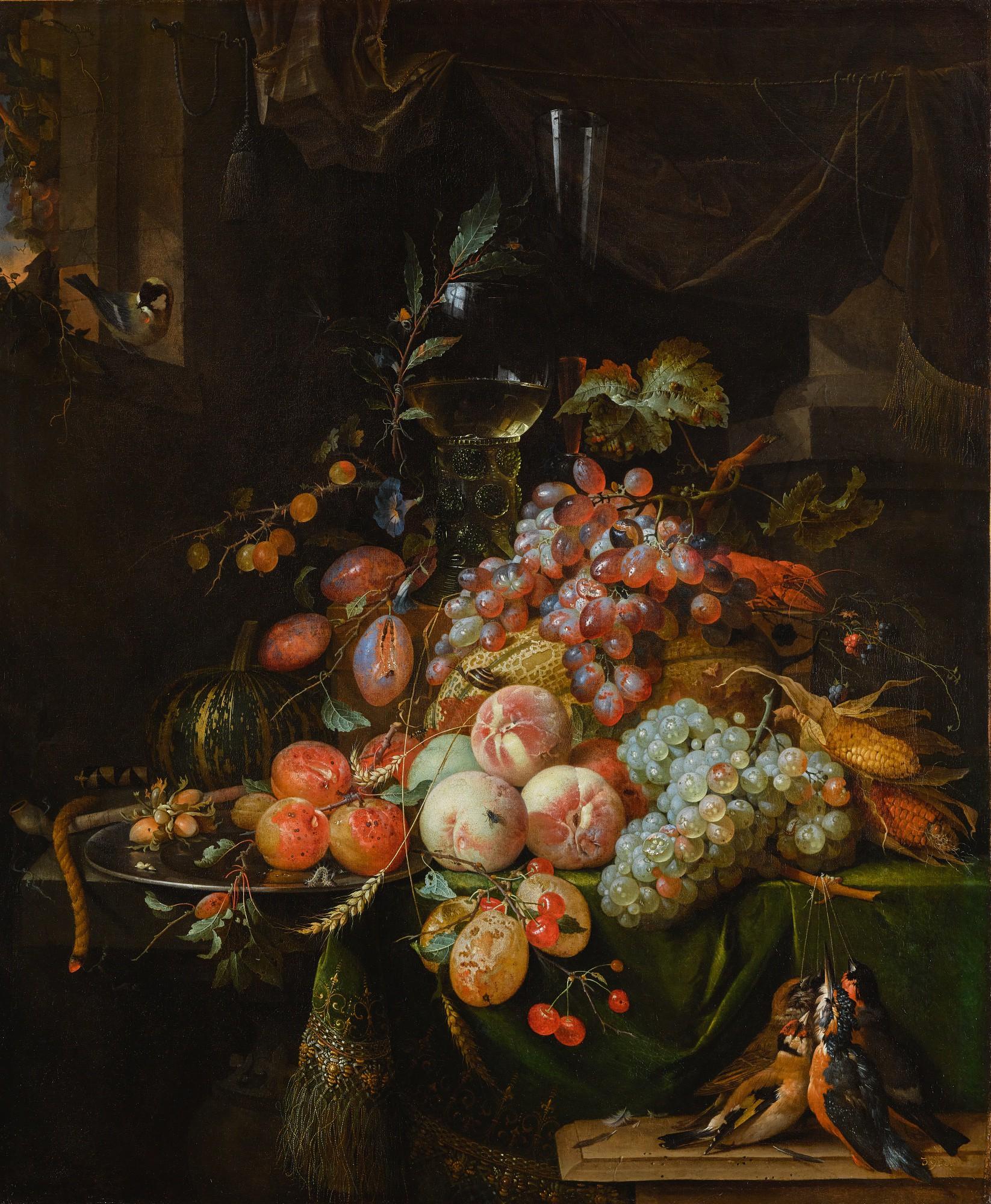 Abraham Mignon - Still Life With Plums, Peaches, Apricots, Grapes And A Melon, With A Roemer Glass And A Flute Glass, All On A Draped Table, A Goldfinch On The Window Sill And A Brace Of Songbirds
