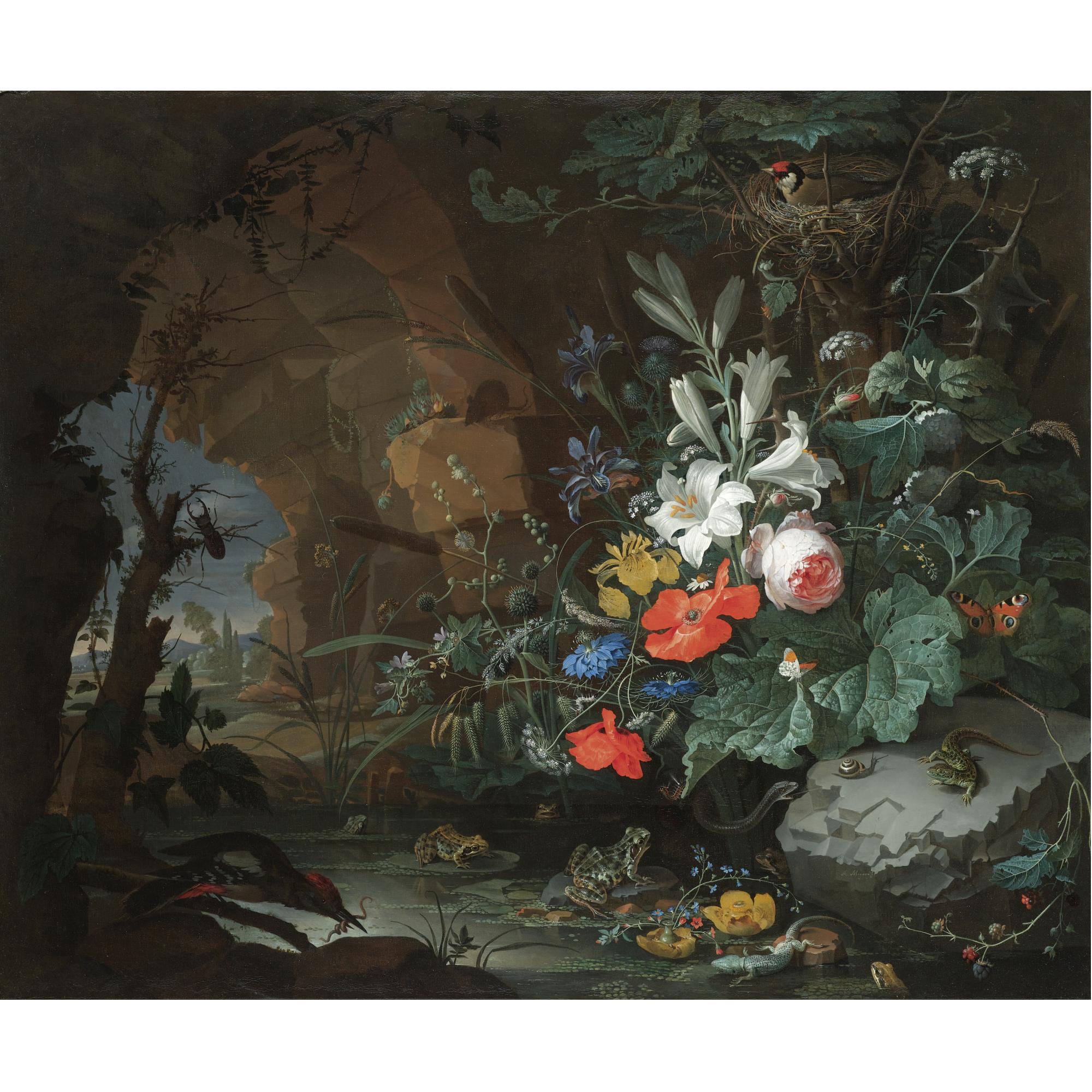 Abraham Mignon - The Interior Of A Grotto With A Rock-Pool, Frogs, Salamanders, A Bird\'S Nest And A Large Bouquet Of Flowers Including Poppies And Lilies, A View Of A Landscape Through The Cave Opening Beyond