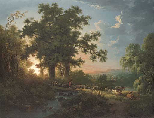 Abraham Pether, R.A. - A wooded river landscape, with a faggot gatherer on a bridge, cattle and sheep
