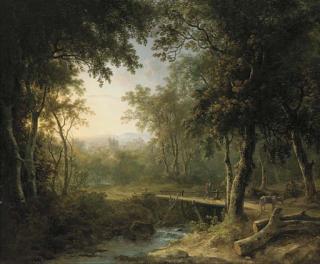 Abraham Pether - A figure on a bridge before a village at dusk