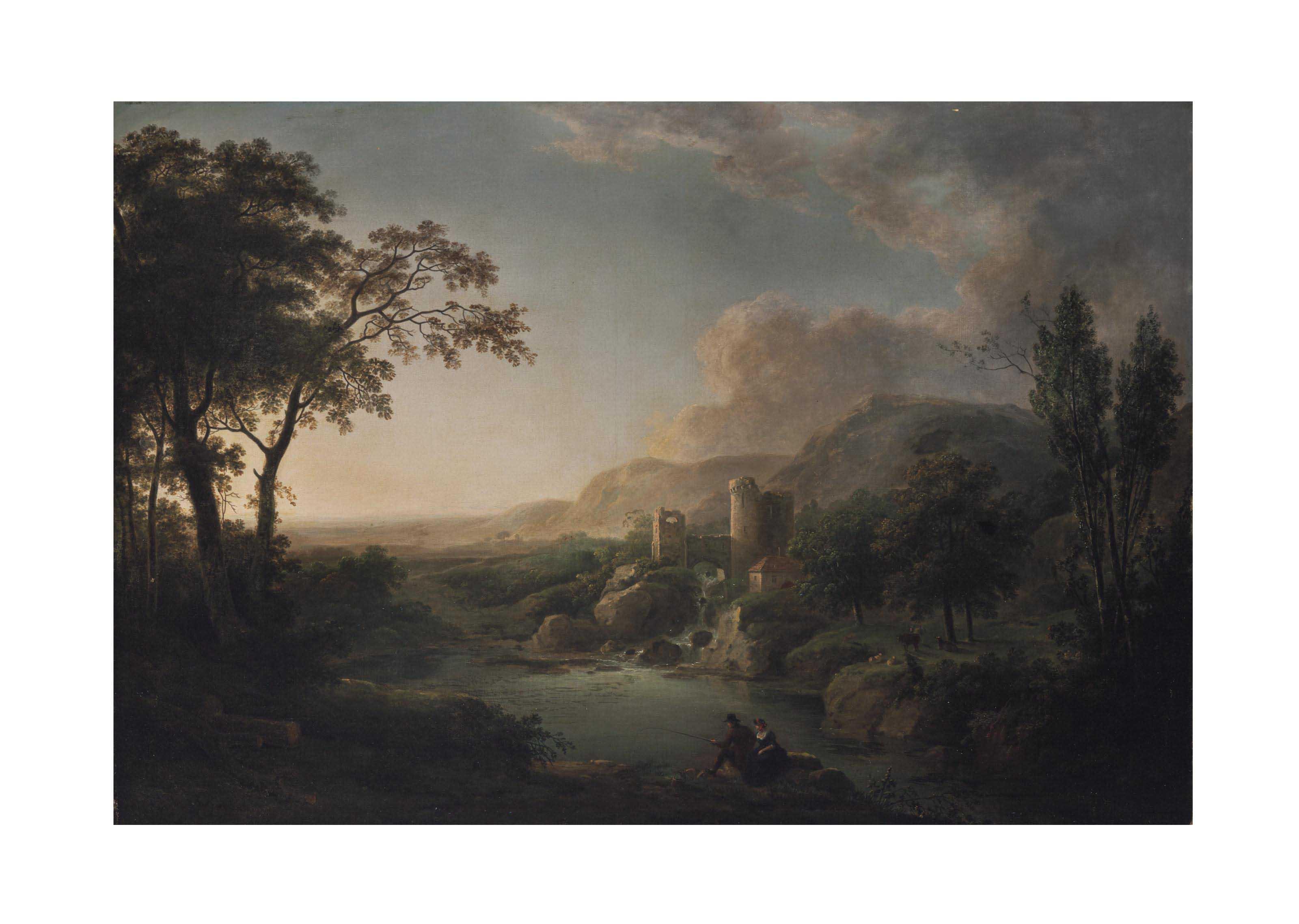 Abraham Pether - A mountainous landscape with figures fishing by a lake, a ruined castle and a waterfall beyond