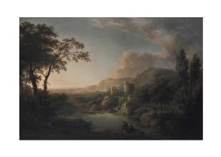 Abraham Pether - A mountainous landscape with figures fishing by a lake, a ruined castle and a waterfall beyond