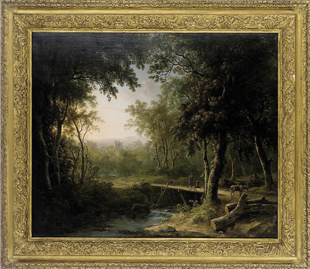 Abraham Pether - A wooded river landscape with a traveller crossing a bridge, a church beyond