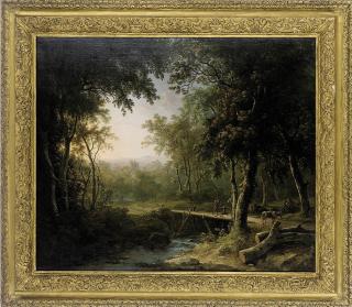 Abraham Pether - A wooded river landscape with a traveller crossing a bridge, a church beyond