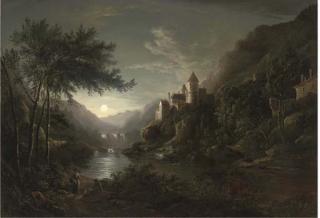 Abraham Pether - Figures Beside A Moonlit River With A Castle On A Hillside